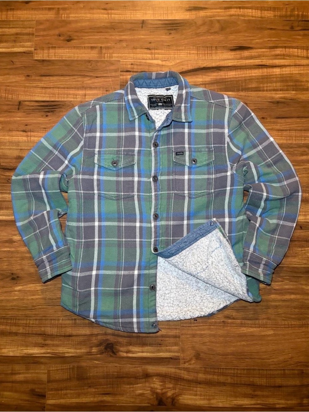 True Grit Men's Blue and Green Plaid Sherpa-Lined Button-Down Shirt